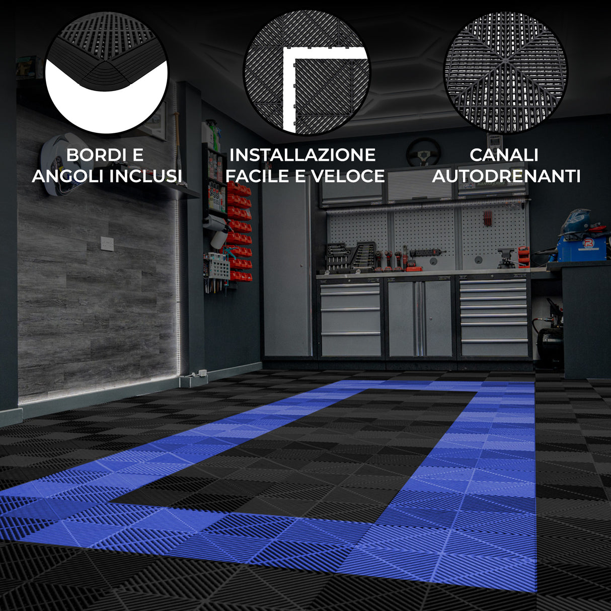 Piastrelle Ventilate 3,2m x 6m Per Garage e Officine, Antiscivolo - 90 Nere e 30 Blu