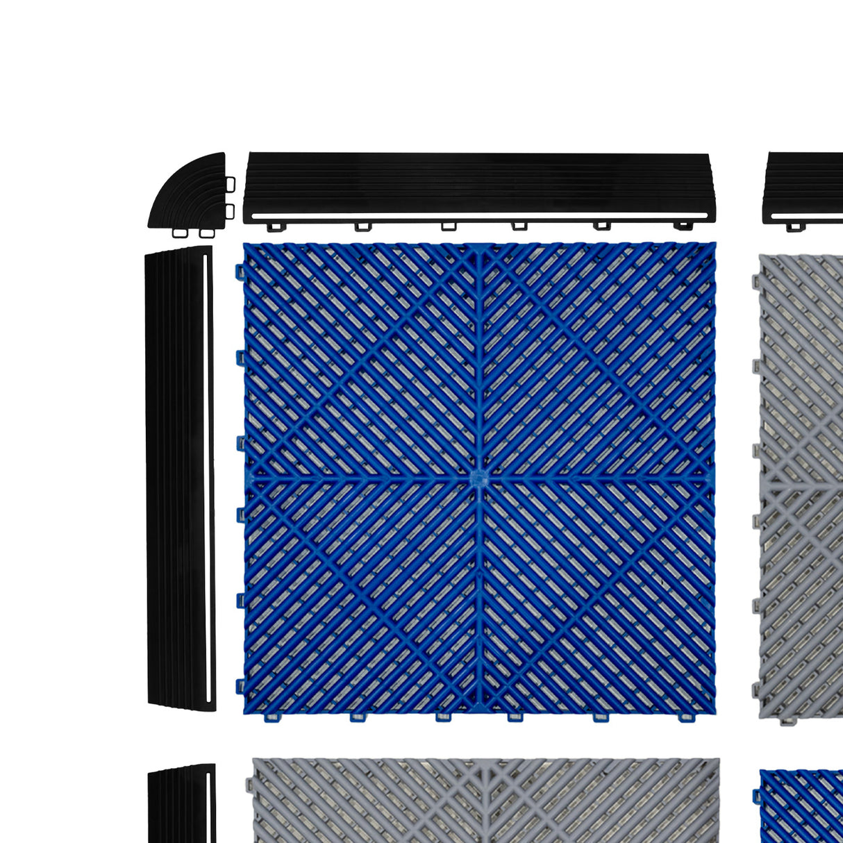 Luci LED Esagonali x 2 & Piastrelle Ventilate per Pavimento Garage con Bordi - 120 Grigie & 120 Blu