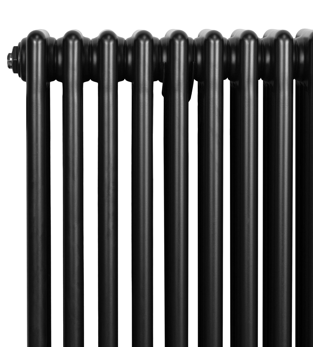 Radiatore tradizionale a 4 colonne, finitura nera lucida, con tubi cilindrici e superficie liscia, ideale per riscaldamento elegante