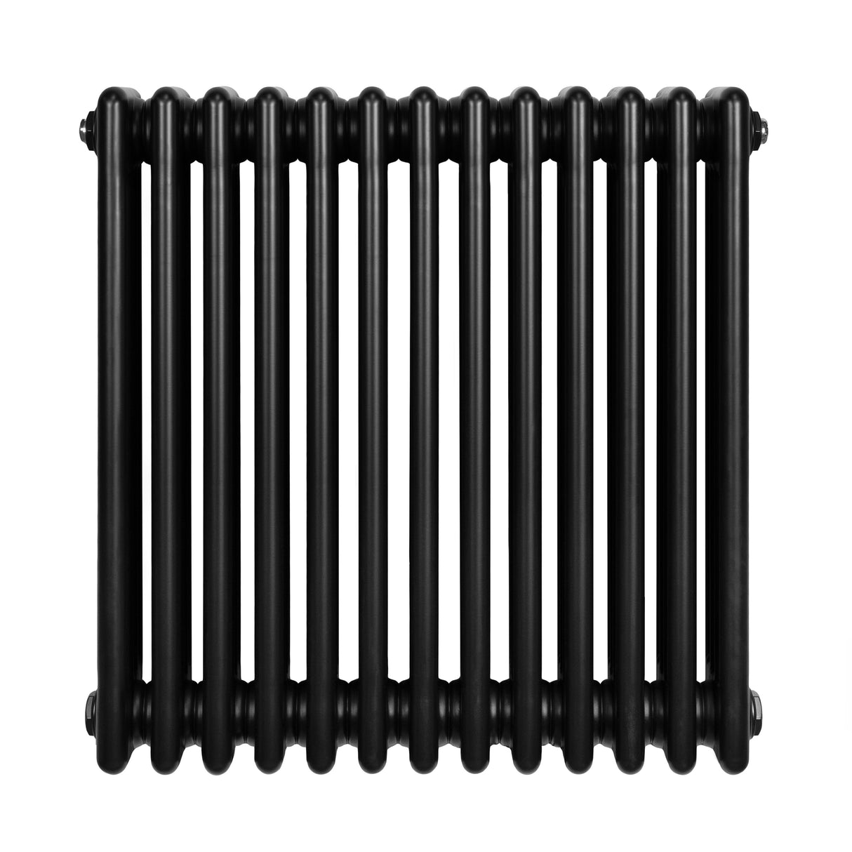 Radiatore tradizionale a 4 colonne, 600 x 605 mm, in elegante finitura nera, con tubi rotondi e superficie liscia e lucida