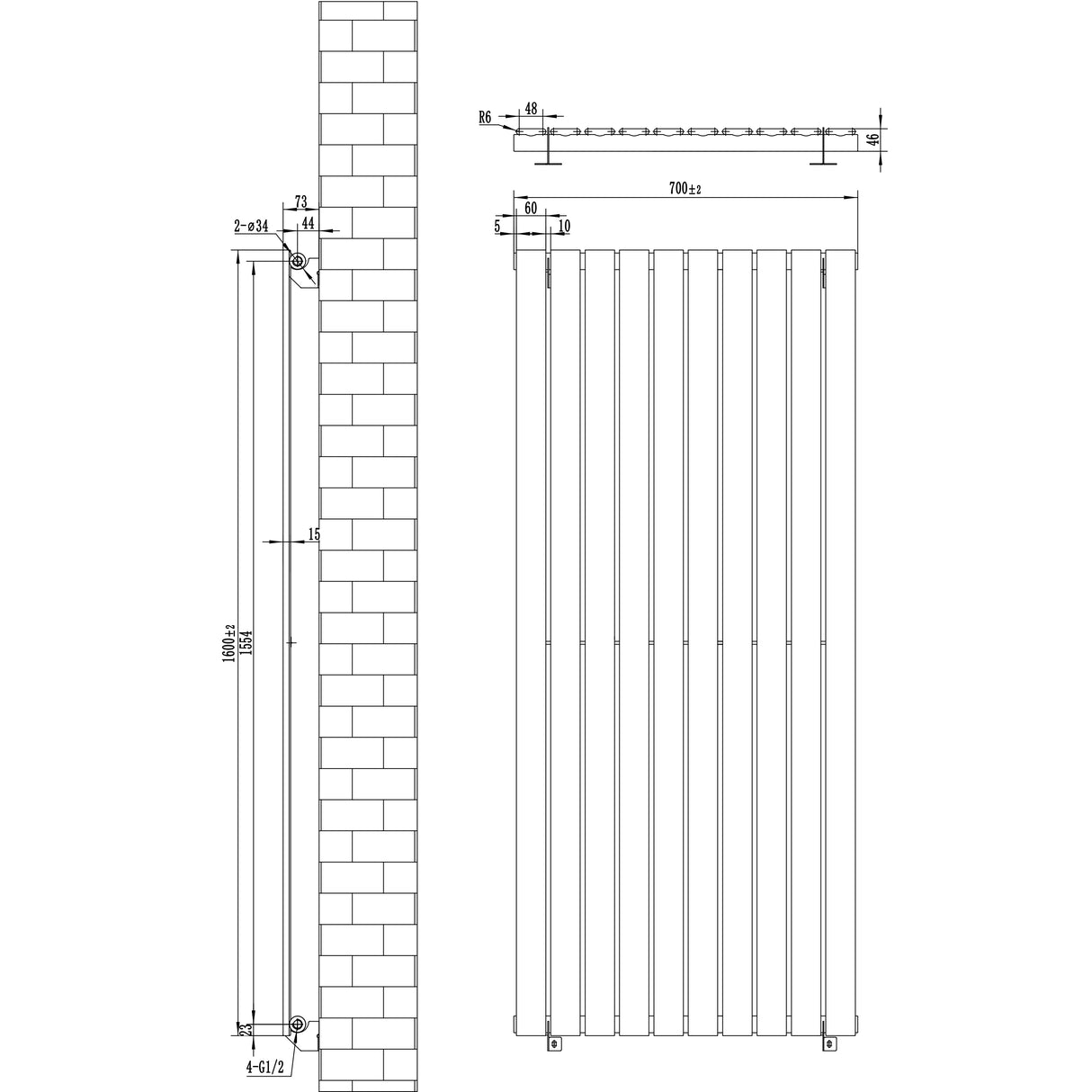 Radiatore piatto a colonna singola verticale bianco, dimensioni 1600 x 700 mm, con finitura liscia e design moderno, ideale per ogni ambiente