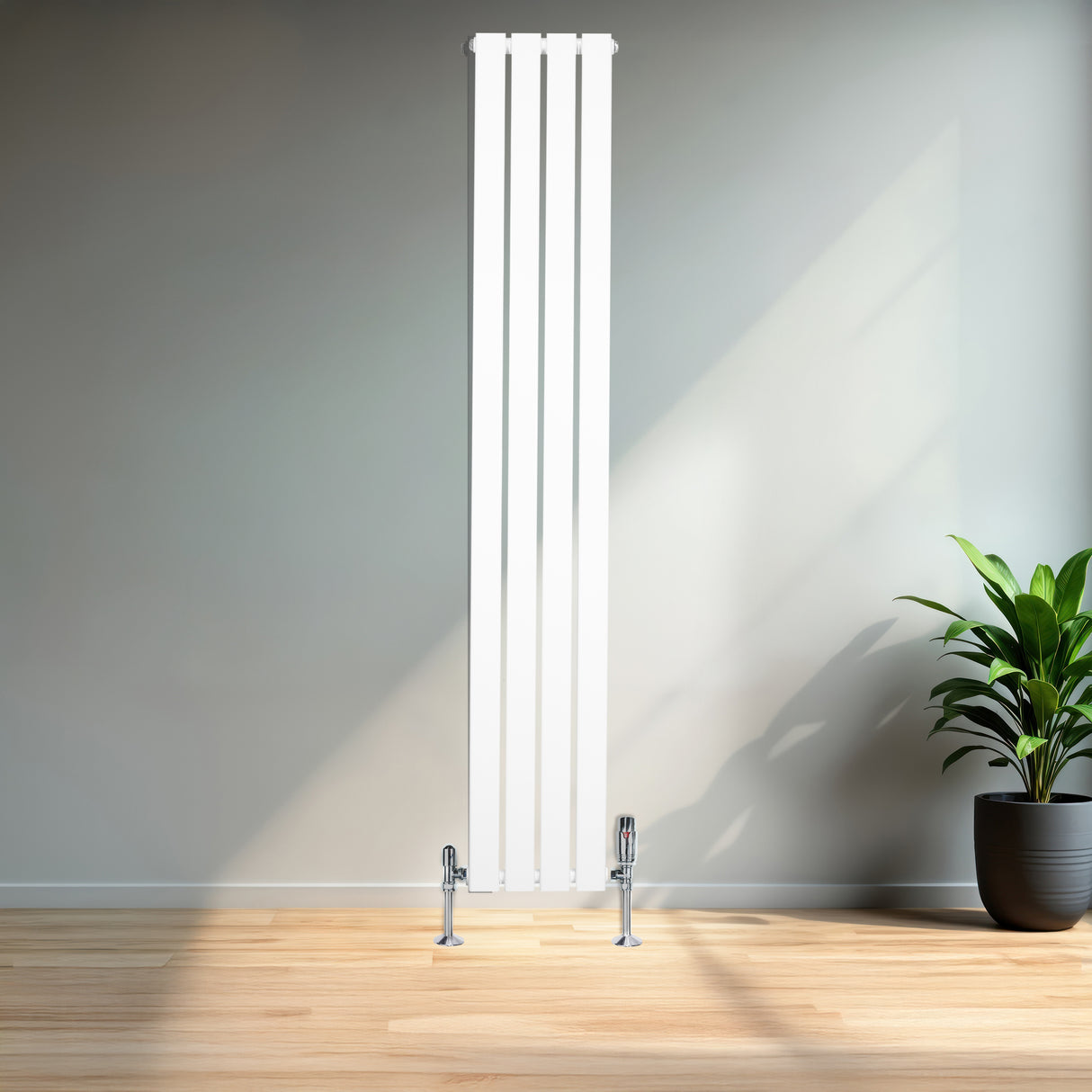 Radiatore piatto a colonna singola verticale, 1800 x 280 mm, finitura bianca lucida, con supporti metallici e ambiente moderno minimalista