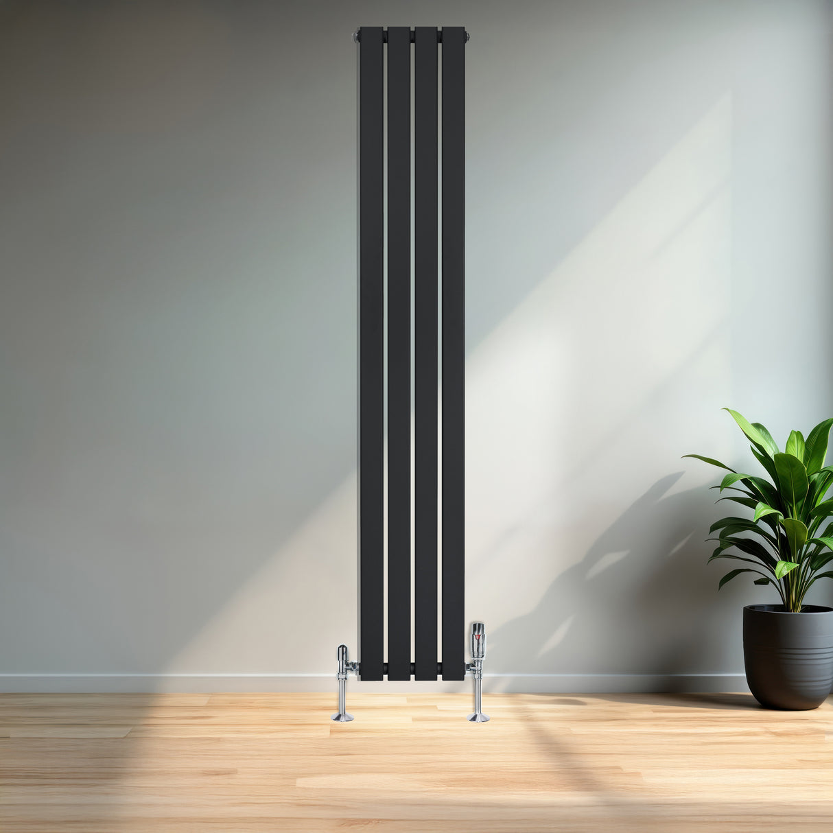 Radiatore piatto a colonna singola verticale 1800 x 280 mm, finitura nera opaca, design moderno con linee pulite e supporti metallici lucidi