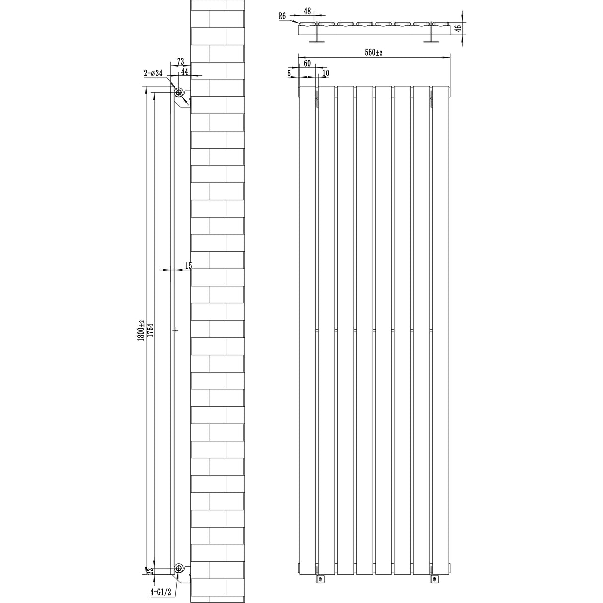 Radiatore piatto a colonna singola verticale antracite, dimensioni 1800 x 560 mm, con finitura liscia e design moderno, ideale per spazi eleganti
