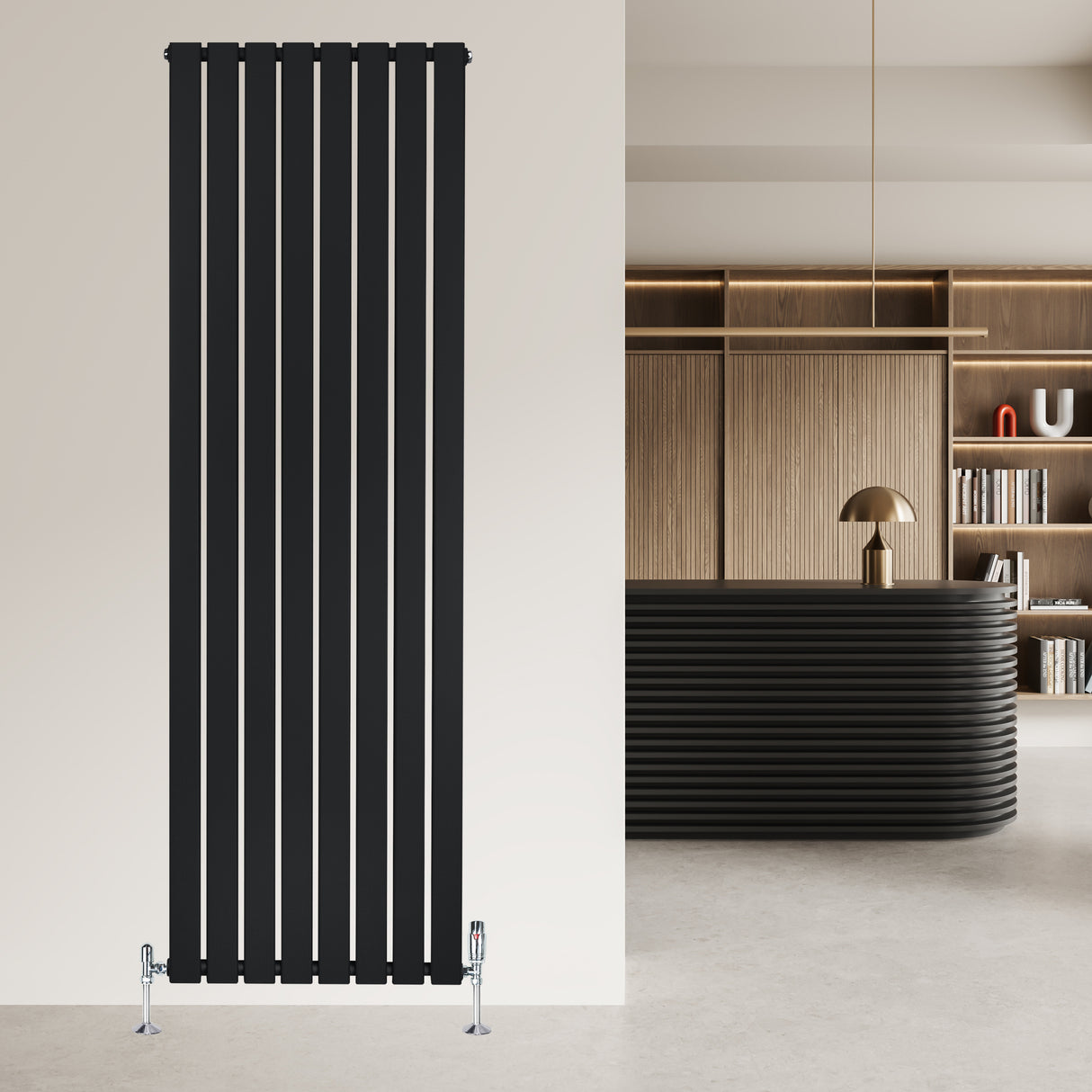 Radiatore verticale a colonna singola, 1800 x 560 mm, finitura nera opaca, design moderno con linee sottili e texture liscia