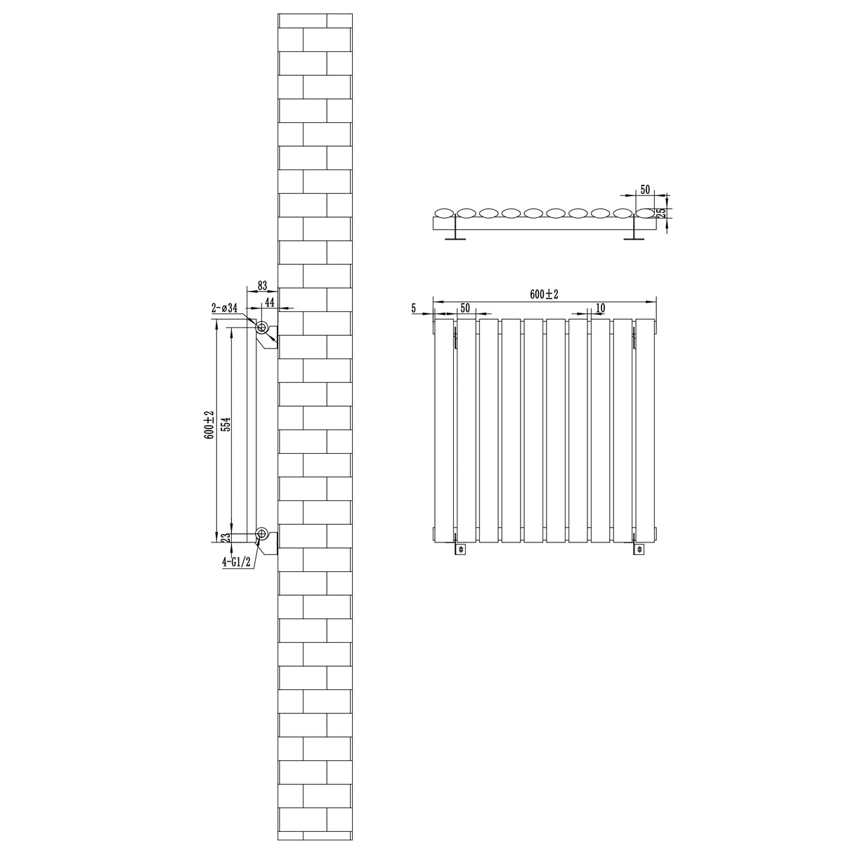 Radiatore Ovale a Colonna Singola Orizzontale 600 x 600 mm Nero