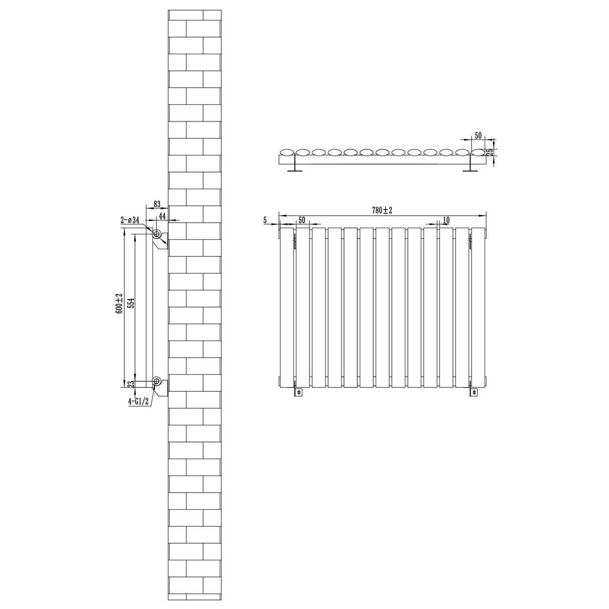 Radiatore Ovale a Colonna Singola Orizzontale 600 x 780 mm Antracite