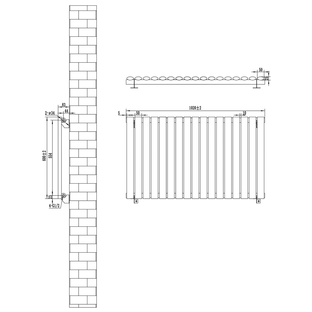 Radiatore Ovale a Colonna Singola Orizzontale 600 x 1020 mm Antracite