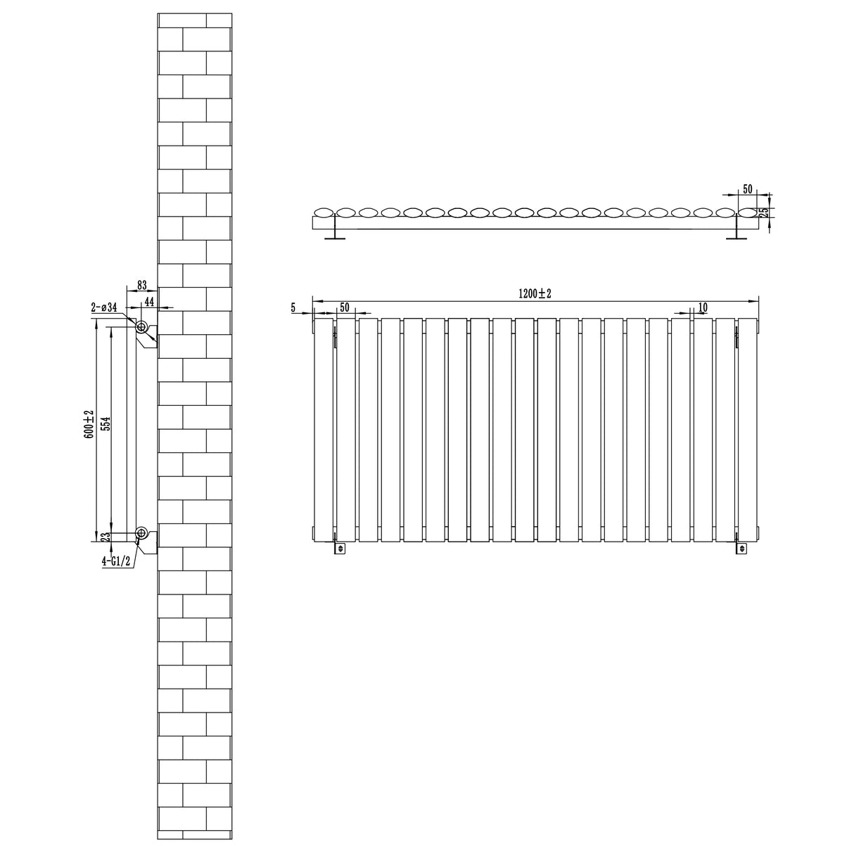 Radiatore Ovale a Colonna Singola Orizzontale 600 x 1200 mm Bianco