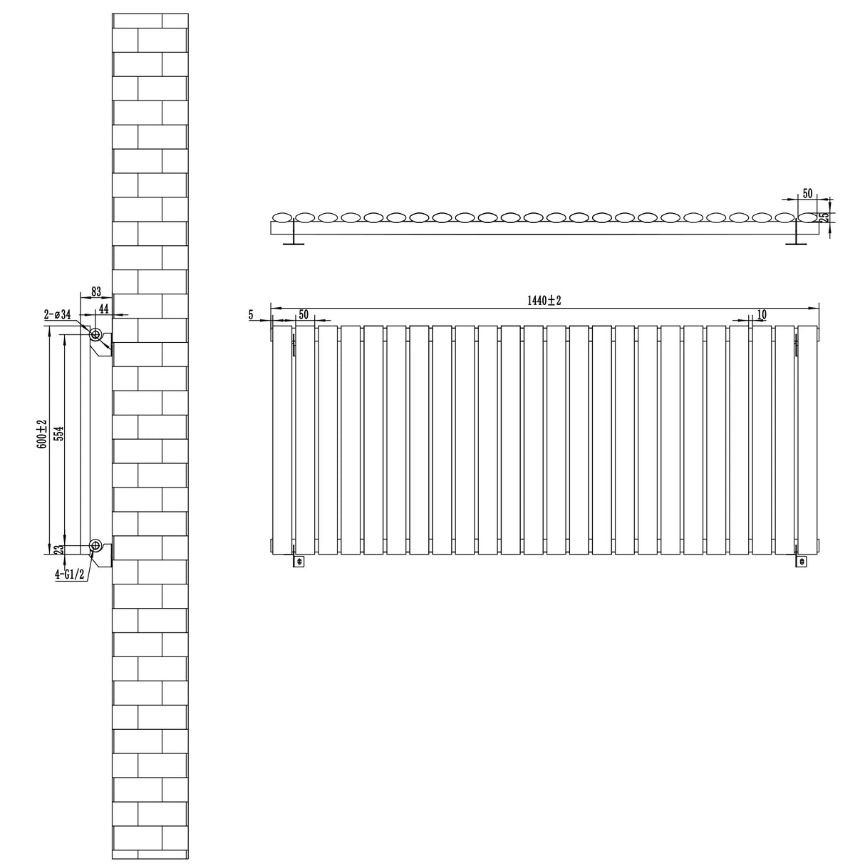 Radiatore Ovale a Colonna Singola Orizzontale 600 x 1440 mm Bianco