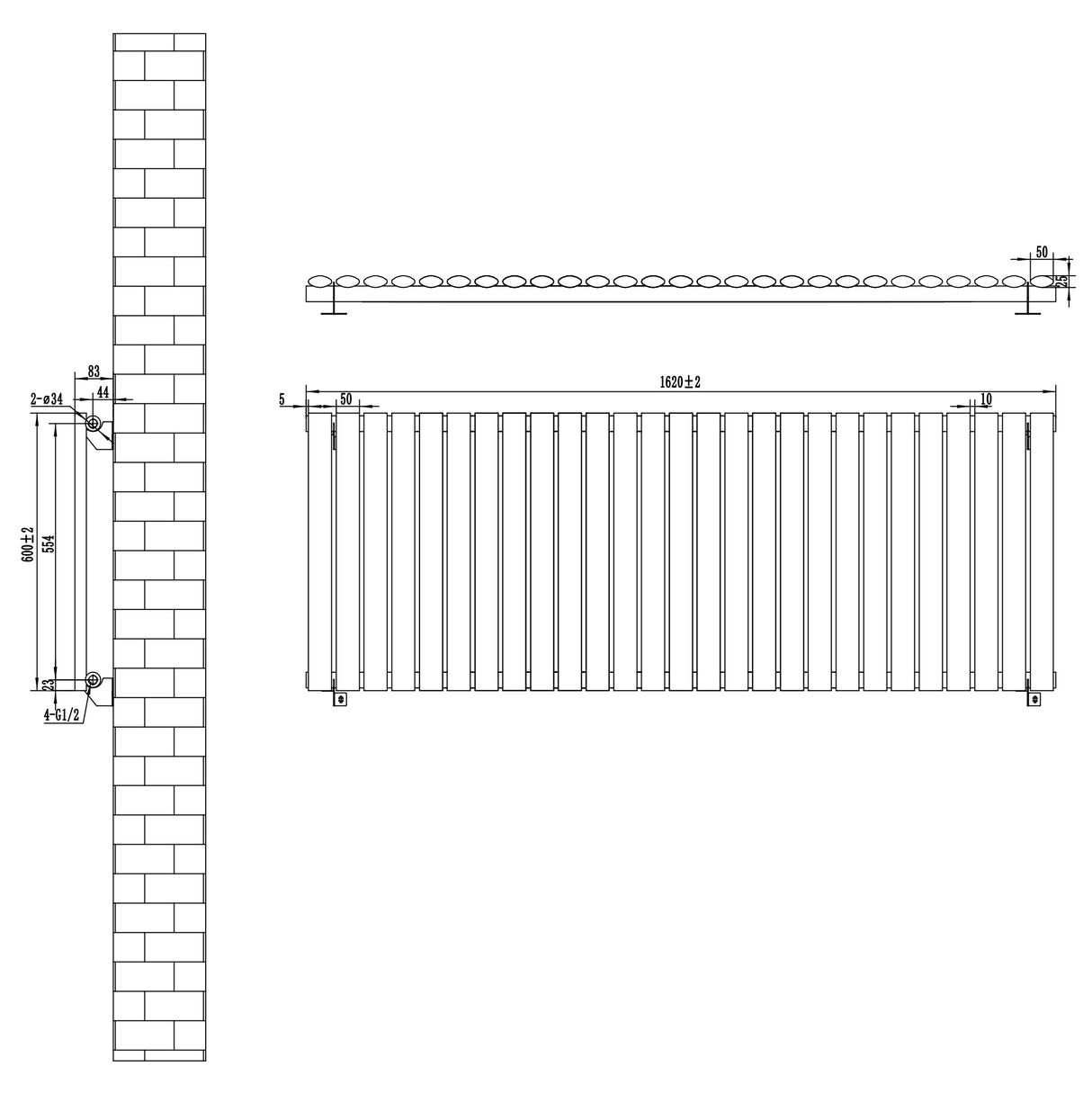 Radiatore Ovale a Colonna Singola Orizzontale 600 x 1620 mm Antracite