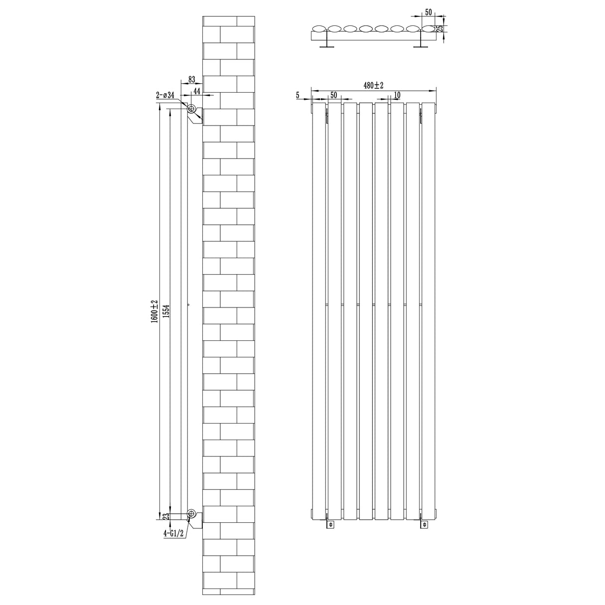 Radiatore Ovale a Colonna Singola Verticale 1600 x 480 mm Bianco
