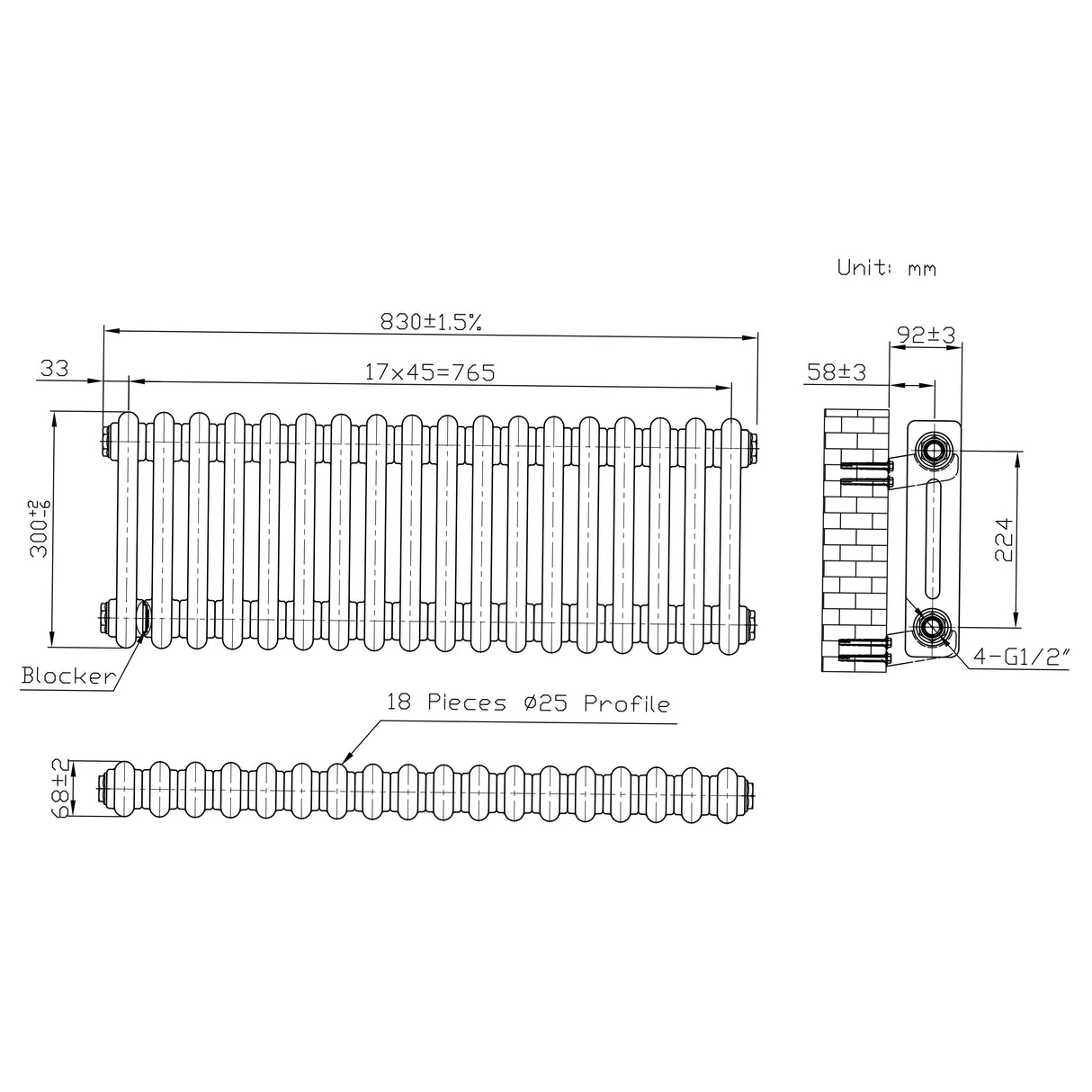 Radiatore Tradizionale 2 Colonne - 300 x 830 mm - Metallo Grezzo