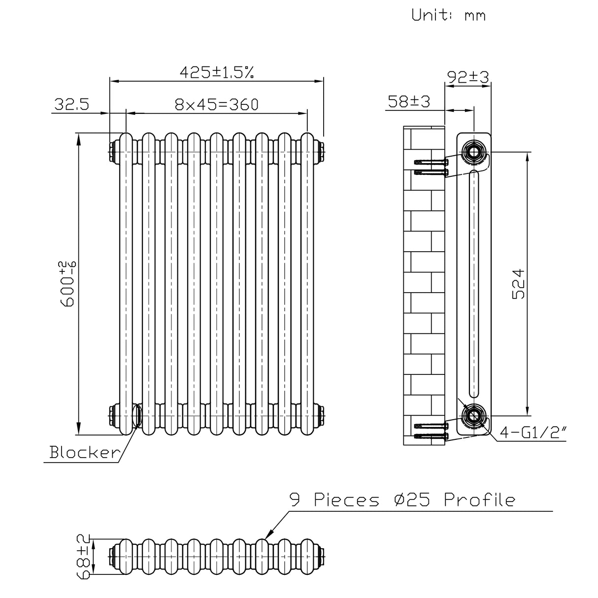 Radiatore Tradizionale 2 Colonne - 600 x 425 mm - Metallo Grezzo