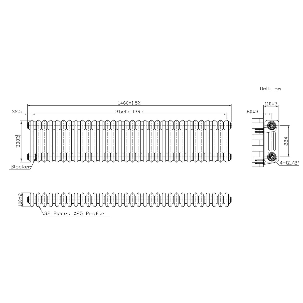 Radiatore Tradizionale 3 Colonne - 300 x 1460 mm - Metallo Grezzo