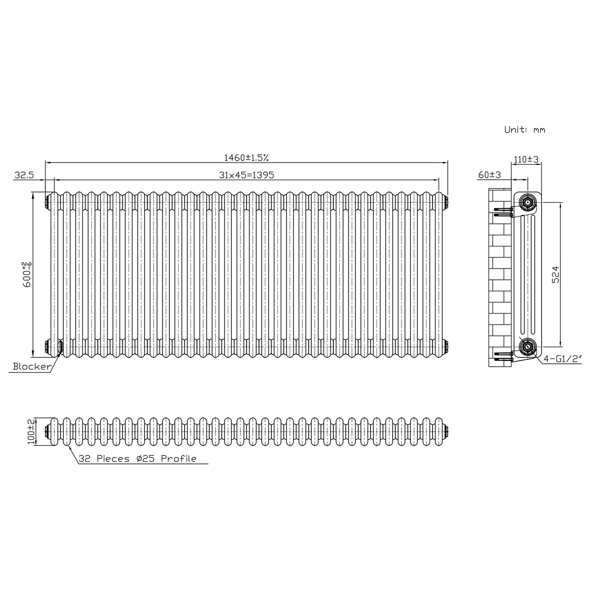 Radiatore Tradizionale 3 Colonne - 600 x 1460 mm - Metallo Grezzo