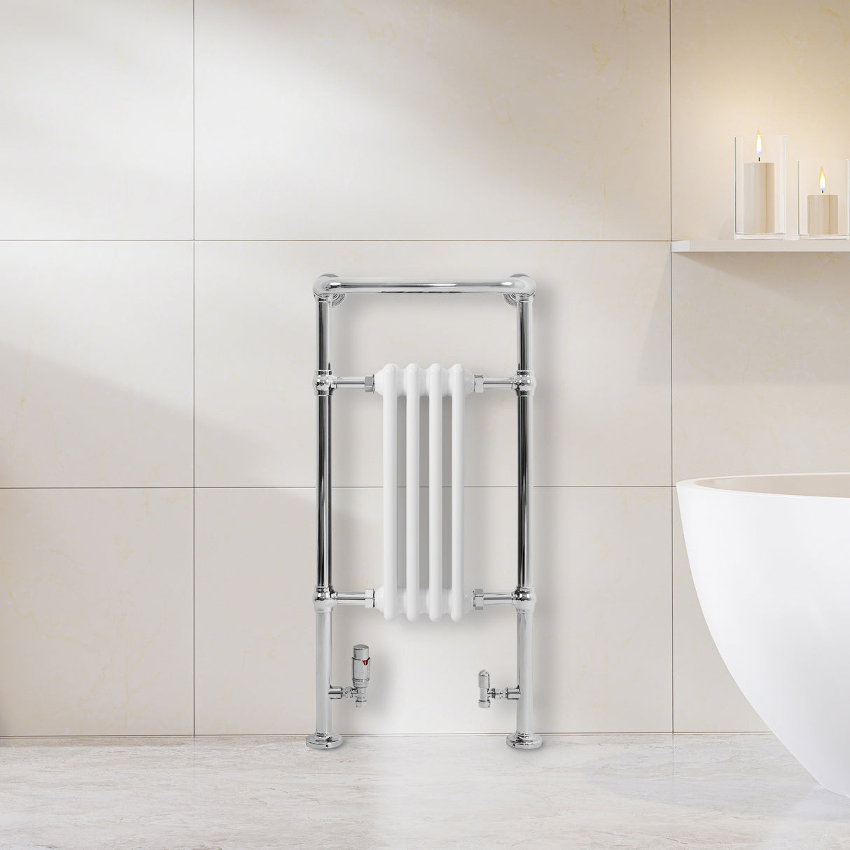 Radiatore Scaldasalviette Tradizionale 950 x 480 mm Bianco con Barra Cromata
