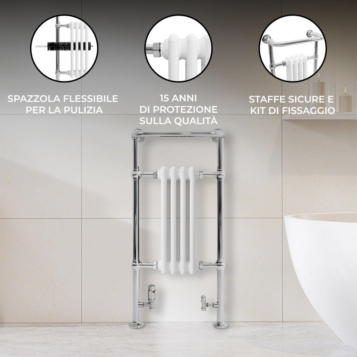 Radiatore Scaldasalviette Tradizionale 950 x 480 mm Bianco con Barra Cromata