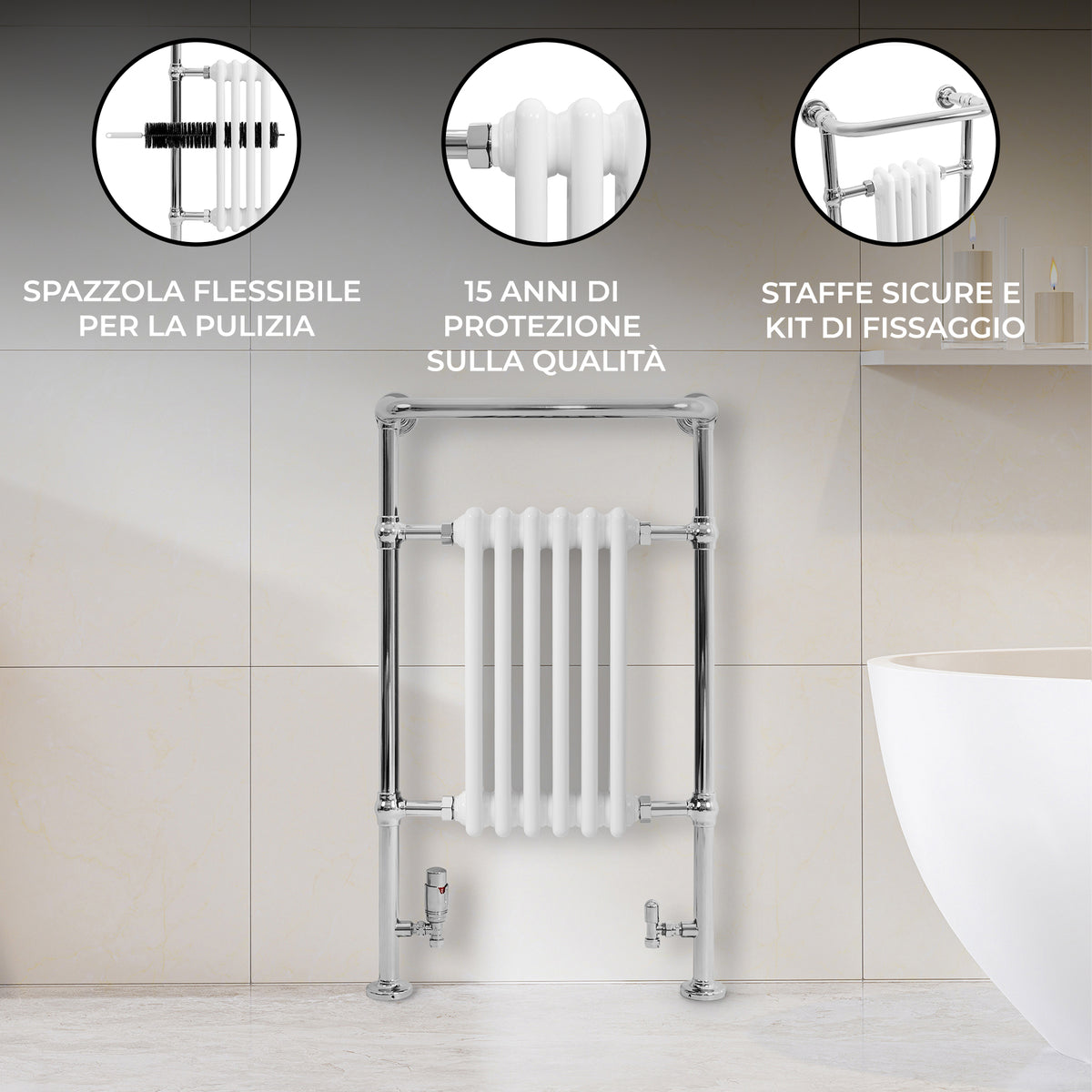 Radiatore Scaldasalviette Tradizionale 950 x 570 mm Bianco con Barra Cromata