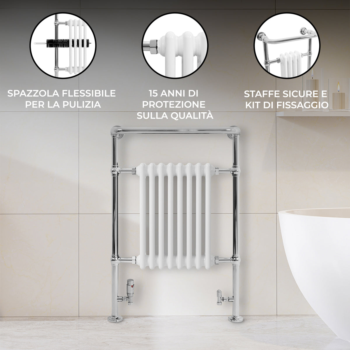 Radiatore Scaldasalviette Tradizionale 950 x 660 mm Bianco con Barra Cromata