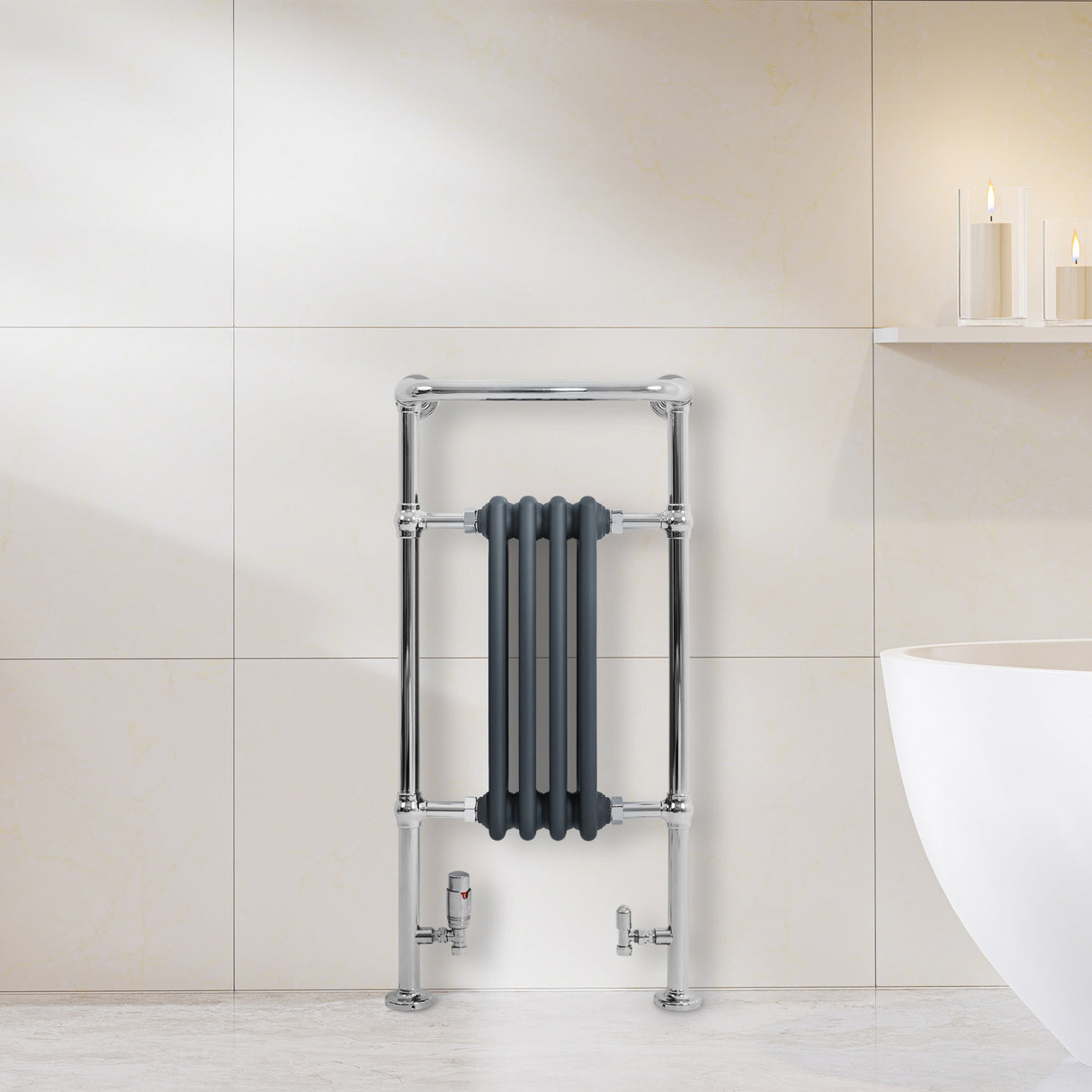 Radiatore Scaldasalviette Tradizionale 950 x 480 mm Grigio Antracite con Barra Cromata