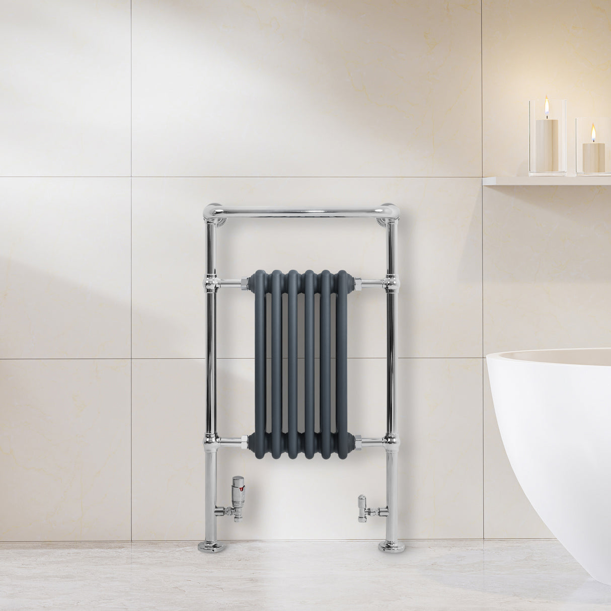 Radiatore Scaldasalviette Tradizionale 950 x 570 mm Grigio Antracite con Barra Cromata