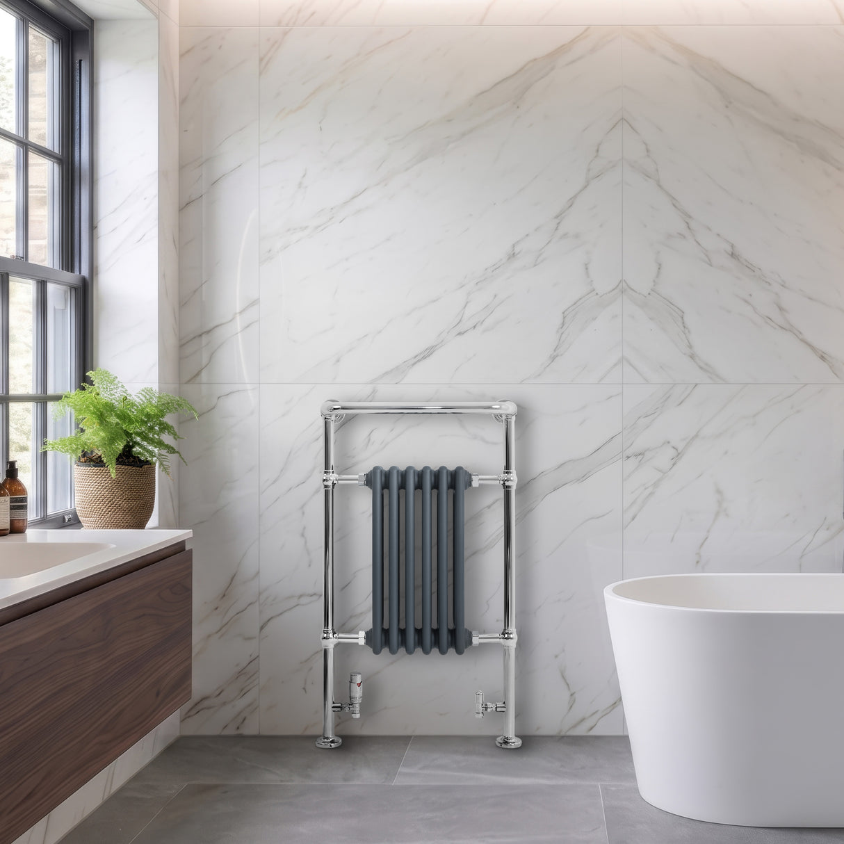 Radiatore Scaldasalviette Tradizionale 950 x 570 mm Grigio Antracite con Barra Cromata