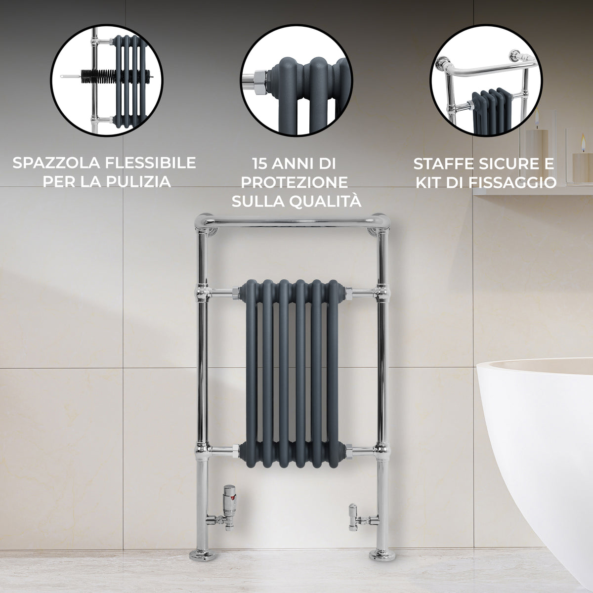 Radiatore Scaldasalviette Tradizionale 950 x 570 mm Grigio Antracite con Barra Cromata