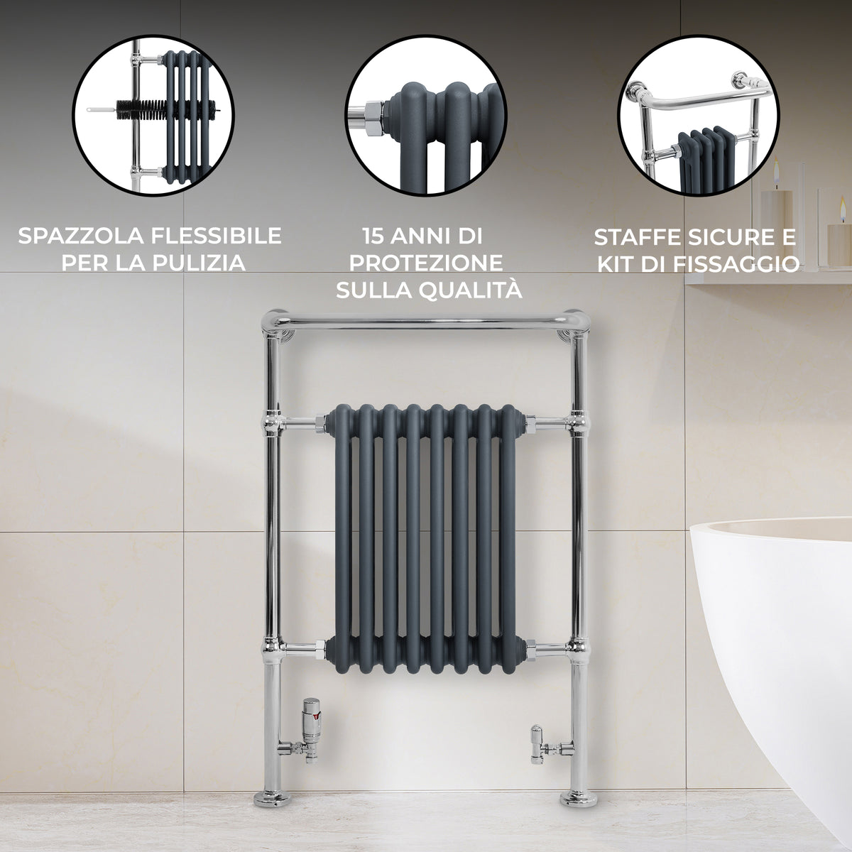 Radiatore Scaldasalviette Tradizionale 950 x 660 mm Grigio Antracite con Barra Cromata
