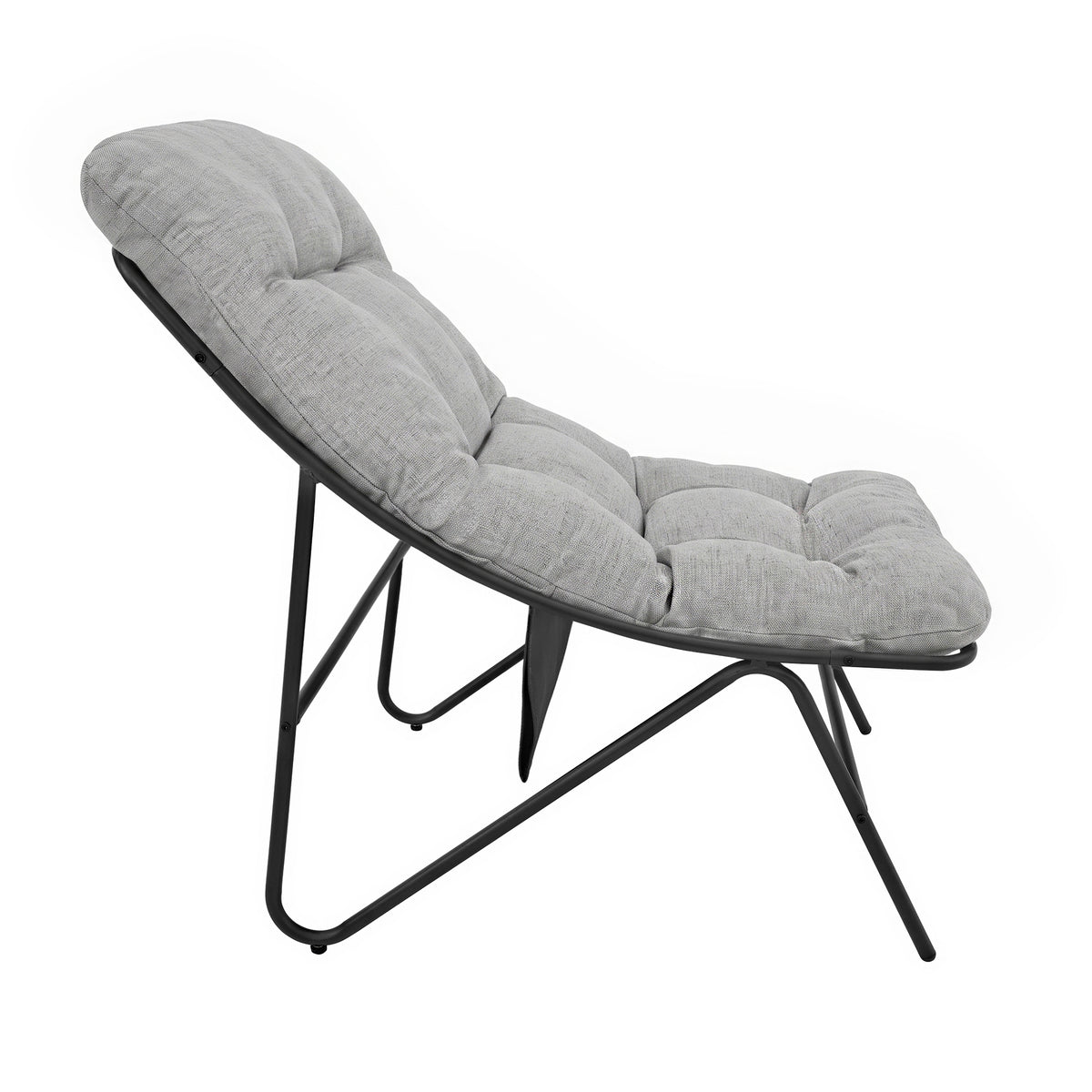 Poltrona moderna grigia con cuscini imbottiti e struttura in metallo nero, design elegante e curvo per un comfort ottimale