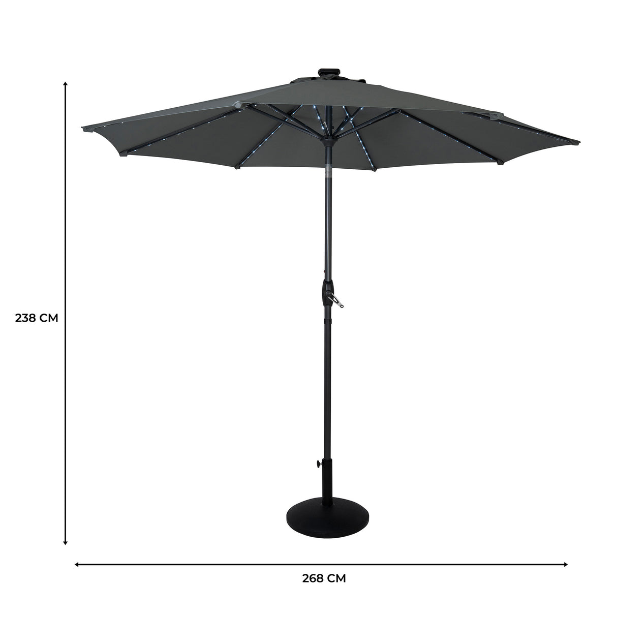 Ombrellone LED Inclinabile 2,7m Grigio con Base e Luci Solari
