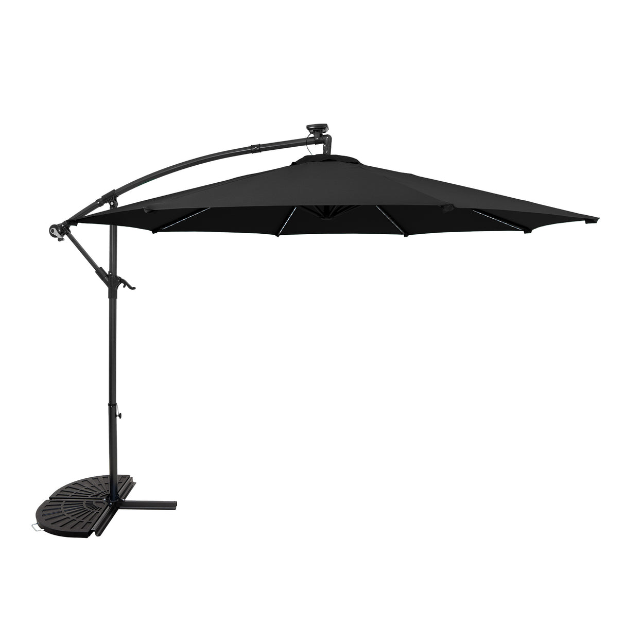 Ombrellone Decentrato LED 3m Nero con Base a Ventaglio 2 Pesi