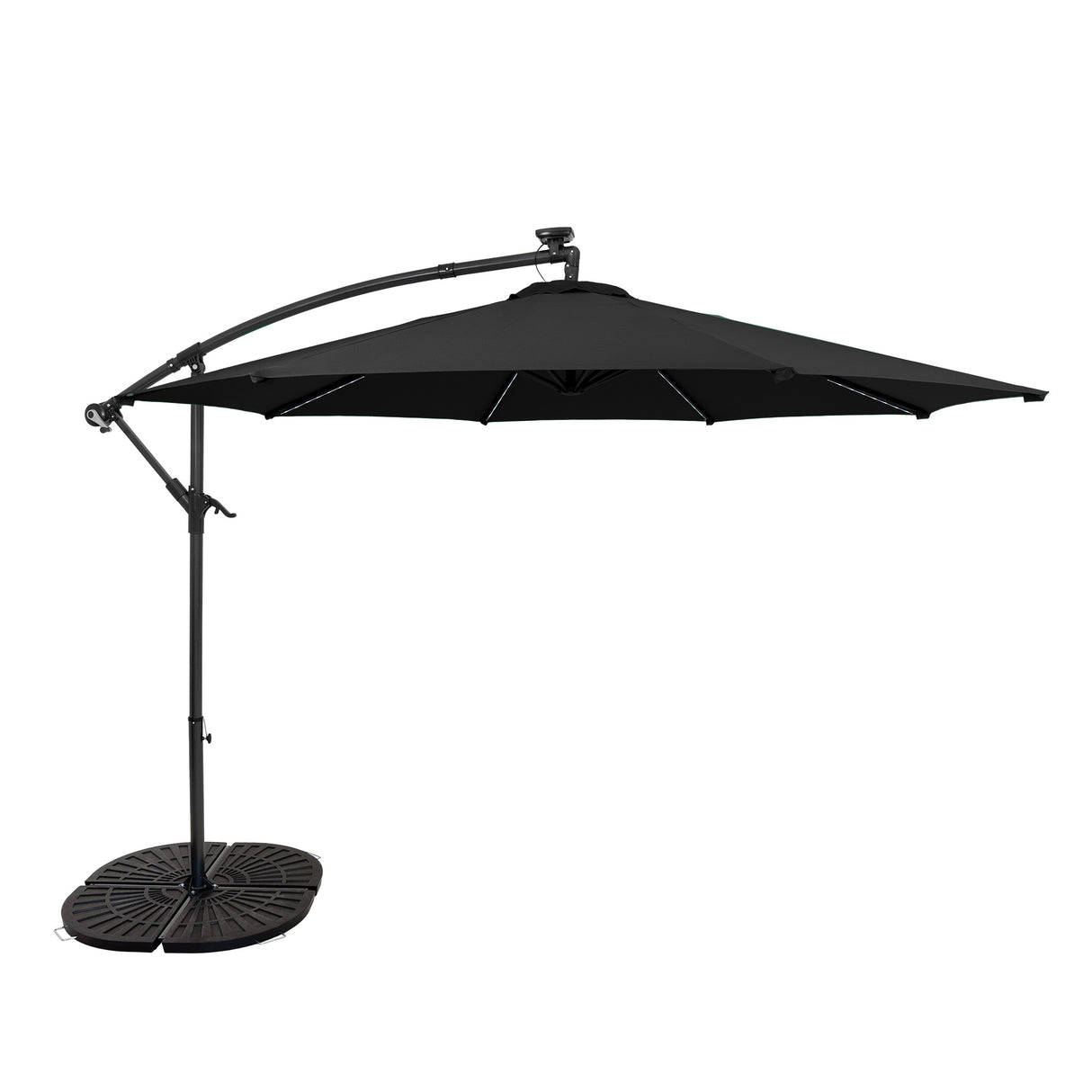 Ombrellone Decentrato LED 3m Nero con Base a Ventaglio 4 Pesi