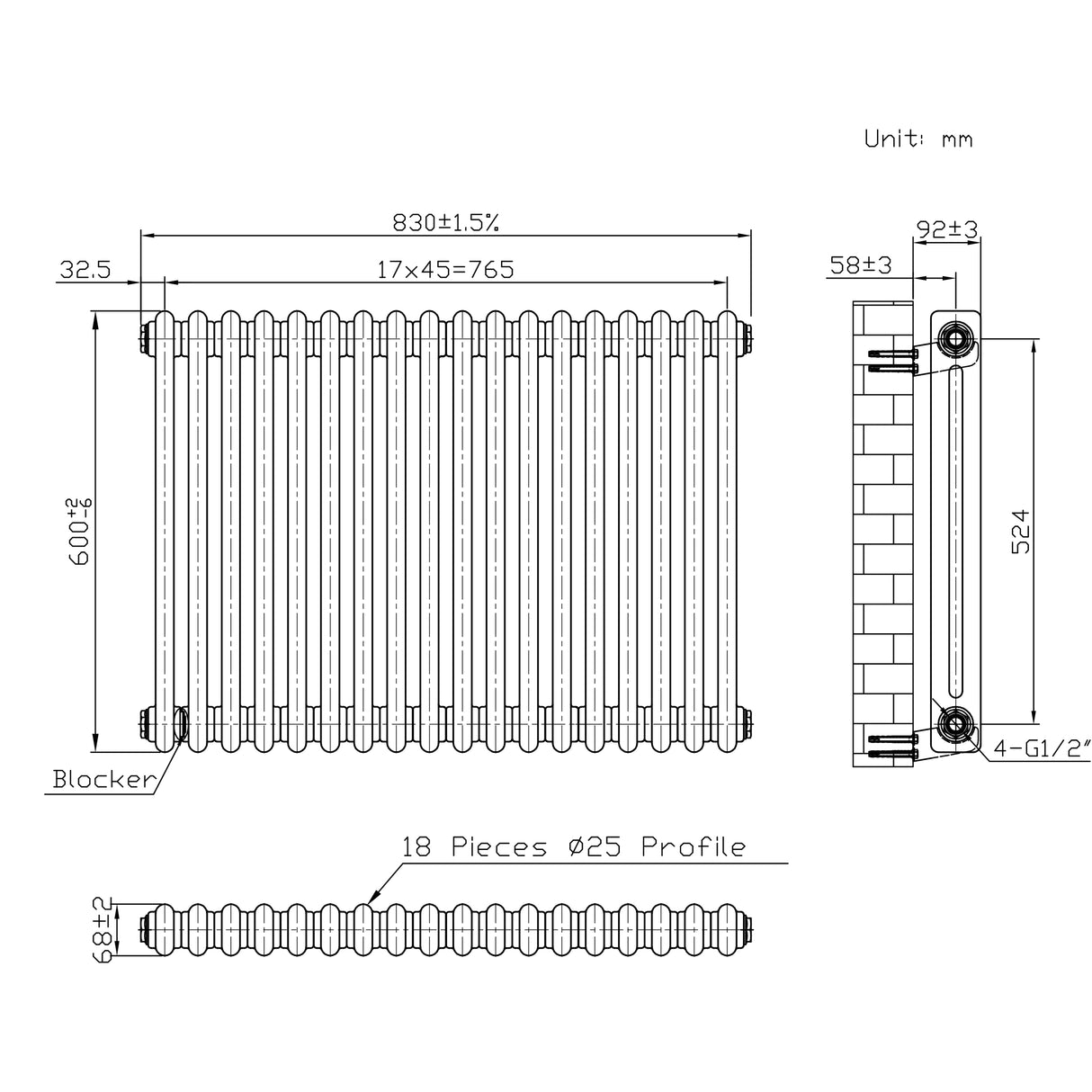 Radiatore Tradizionale a 2 Colonne con Valvole - 600 x 830 mm - Metallo Grezzo