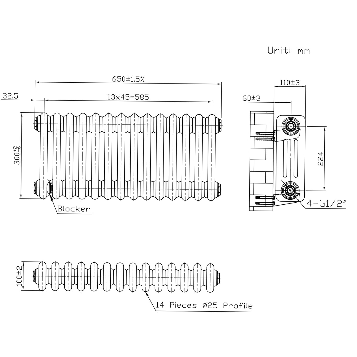 Radiatore Tradizionale a 3 Colonne con Valvole - 300 x 650 mm - Metallo Grezzo