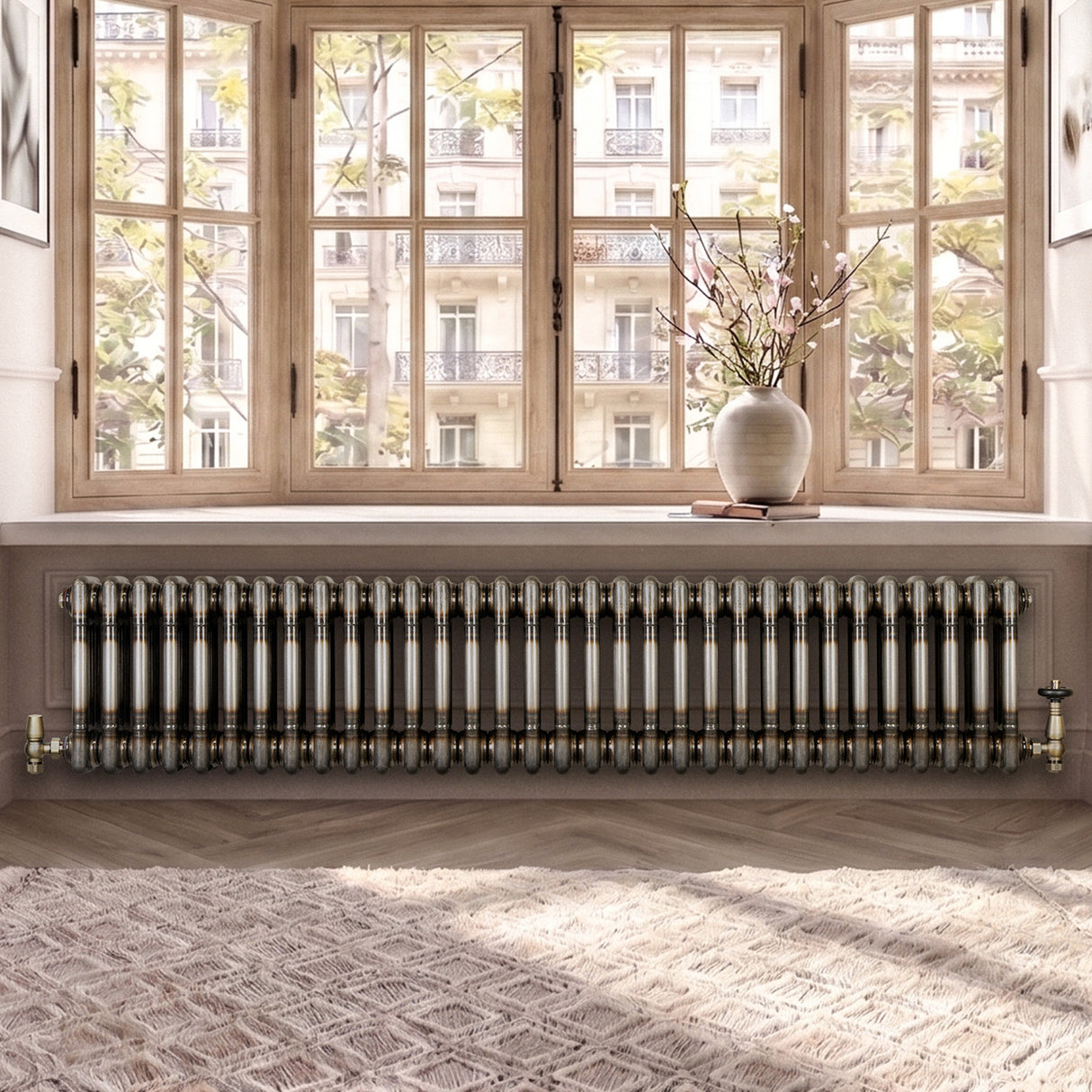 Radiatore Tradizionale a 3 Colonne con Valvole - 300 x 1460 mm - Metallo Grezzo