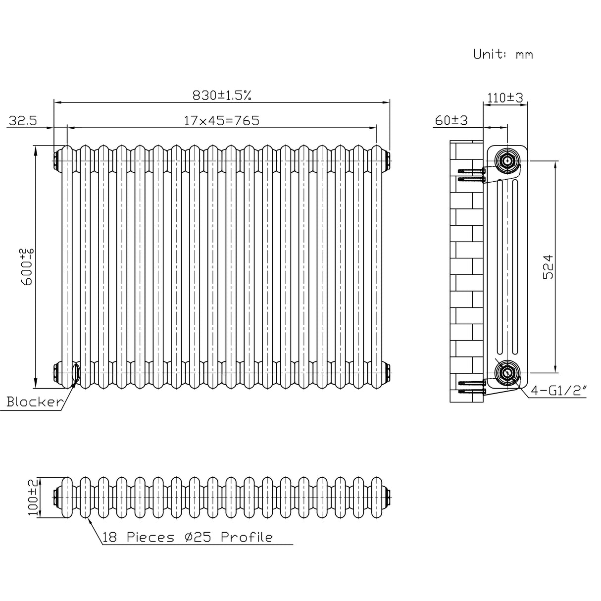 Radiatore Tradizionale a 3 Colonne con Valvole - 600 x 830 mm - Metallo Grezzo