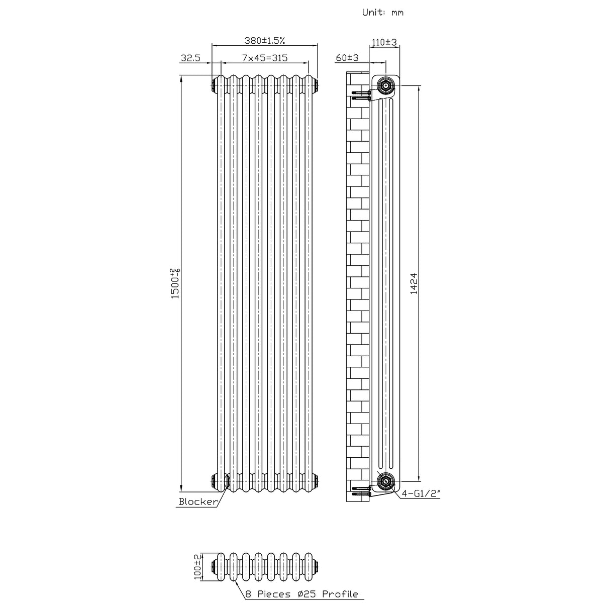 Radiatore Tradizionale a 3 Colonne con Valvole - 1500 x 380 mm - Metallo Grezzo