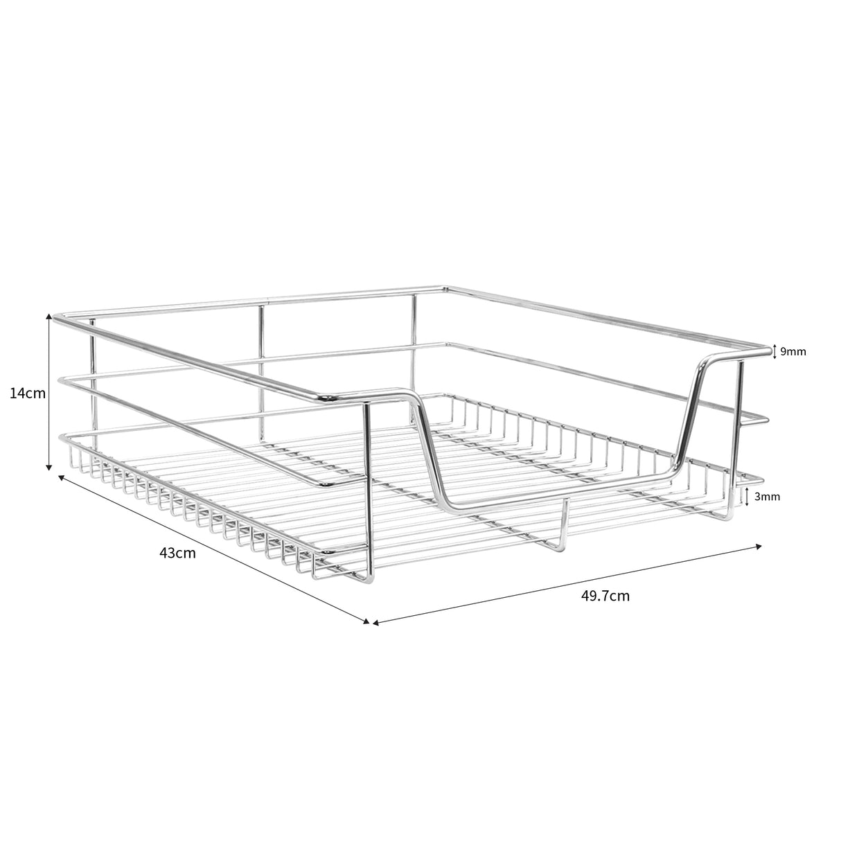 Cestello estraibile in acciaio inox, dimensioni 49,7x43x14 cm, con struttura a rete e finitura lucida, ideale per organizzare la cucina