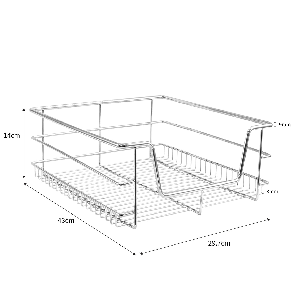 Cestello estraibile in acciaio inox, dimensioni 43x29,7x14 cm, con struttura a rete e finitura lucida, ideale per organizzare la cucina