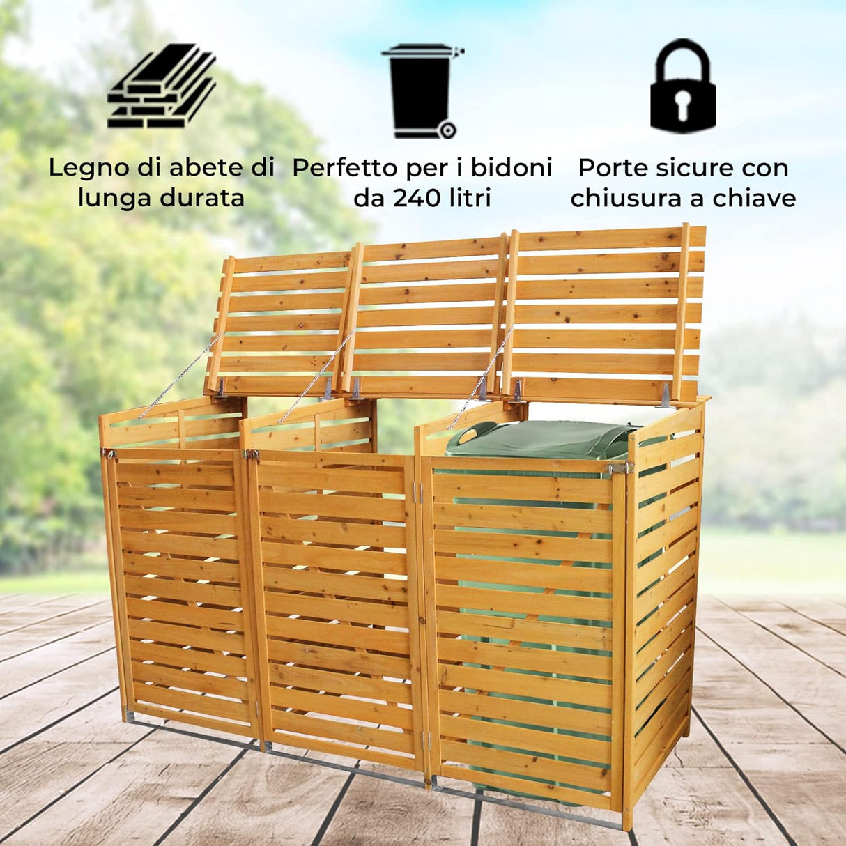 Triplo Copribidone della Spazzatura in Legno