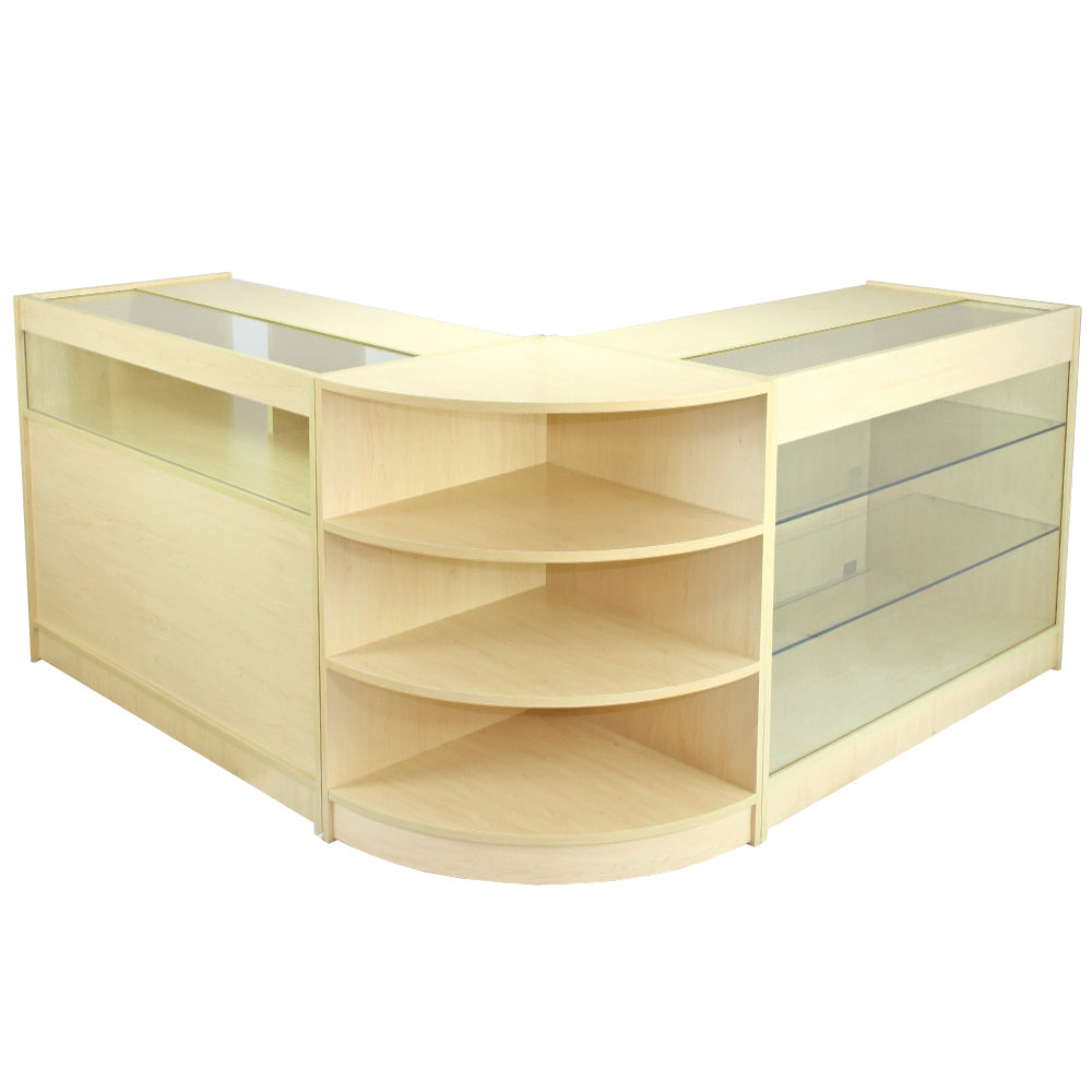 Set Aquarius con tre banconi da negozio in finitura acero laminato, con ripiani trasparenti e angolo curvo per esposizione ottimale