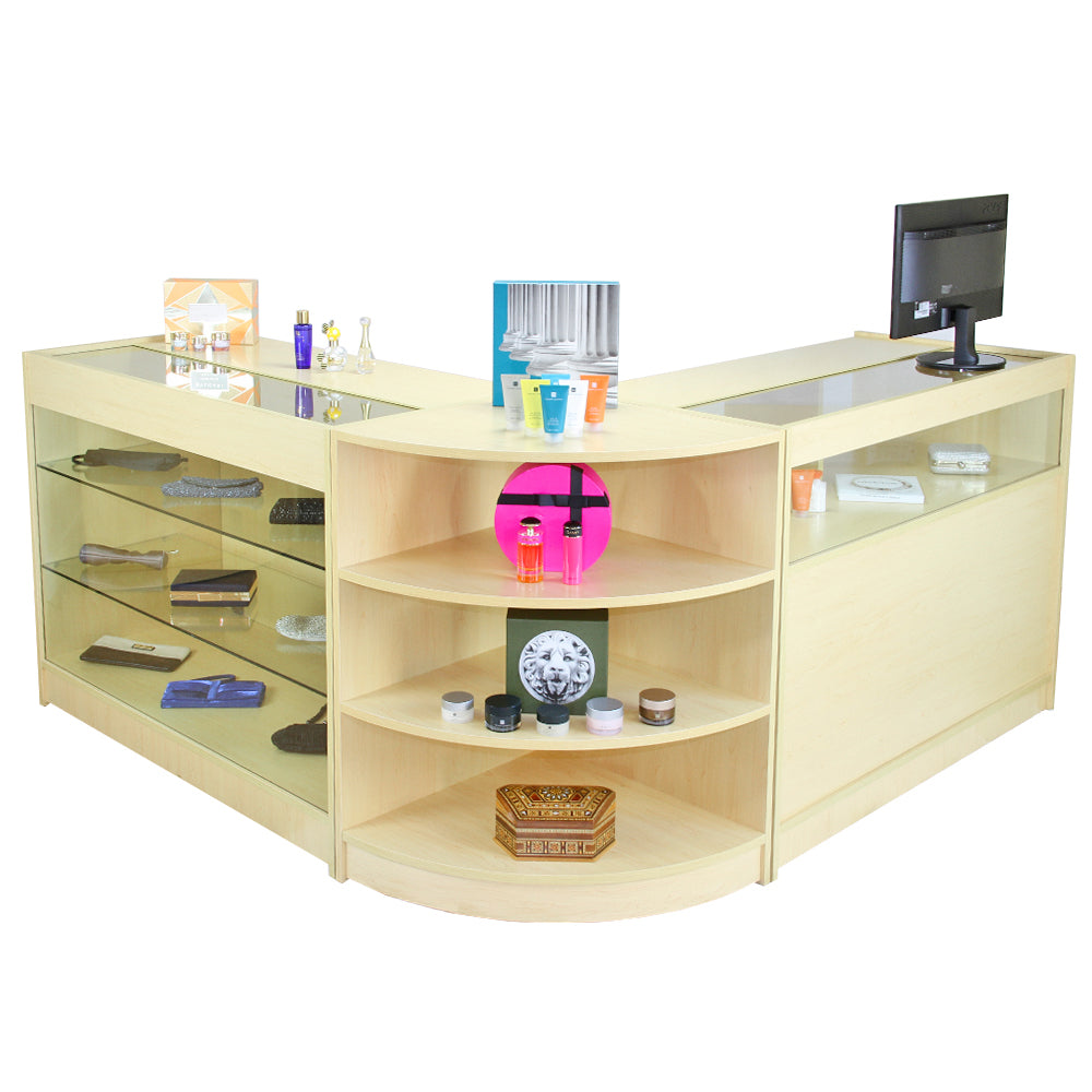 Set Aquarius con 3 banconi da negozio in acero laminato, finitura chiara, con ripiani in vetro e spazi espositivi per prodotti