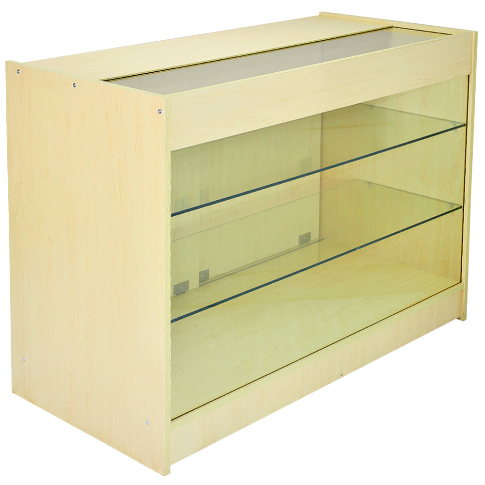 Set Aquarius con tre banconi da negozio in finitura acero laminato, con ripiani in vetro trasparente e design moderno ed elegante