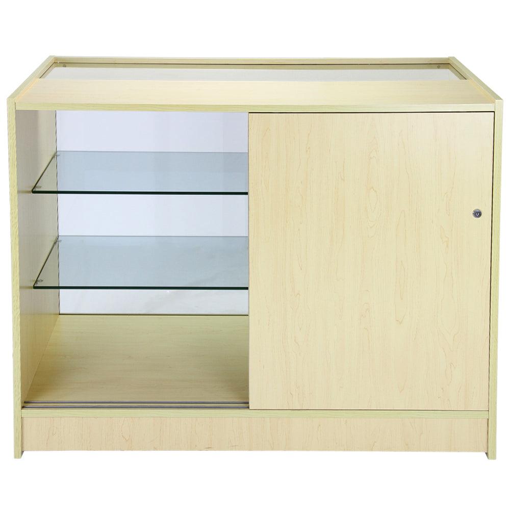 Set Aquarius con 3 banconi da negozio in acero laminato, finitura chiara, con ripiani in vetro e anta scorrevole per un design elegante e funzionale