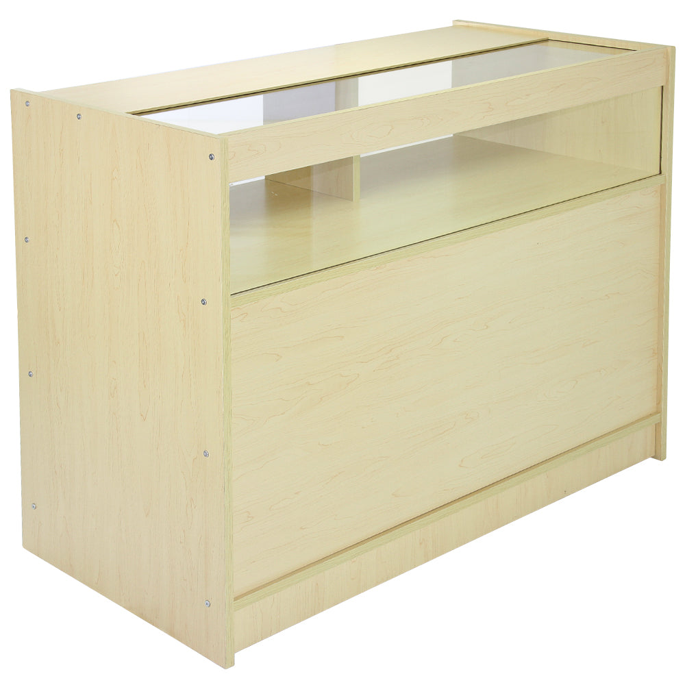 Set di tre banconi da negozio in acero laminato, con finitura chiara, superficie liscia e dettagli in vetro trasparente per esposizione