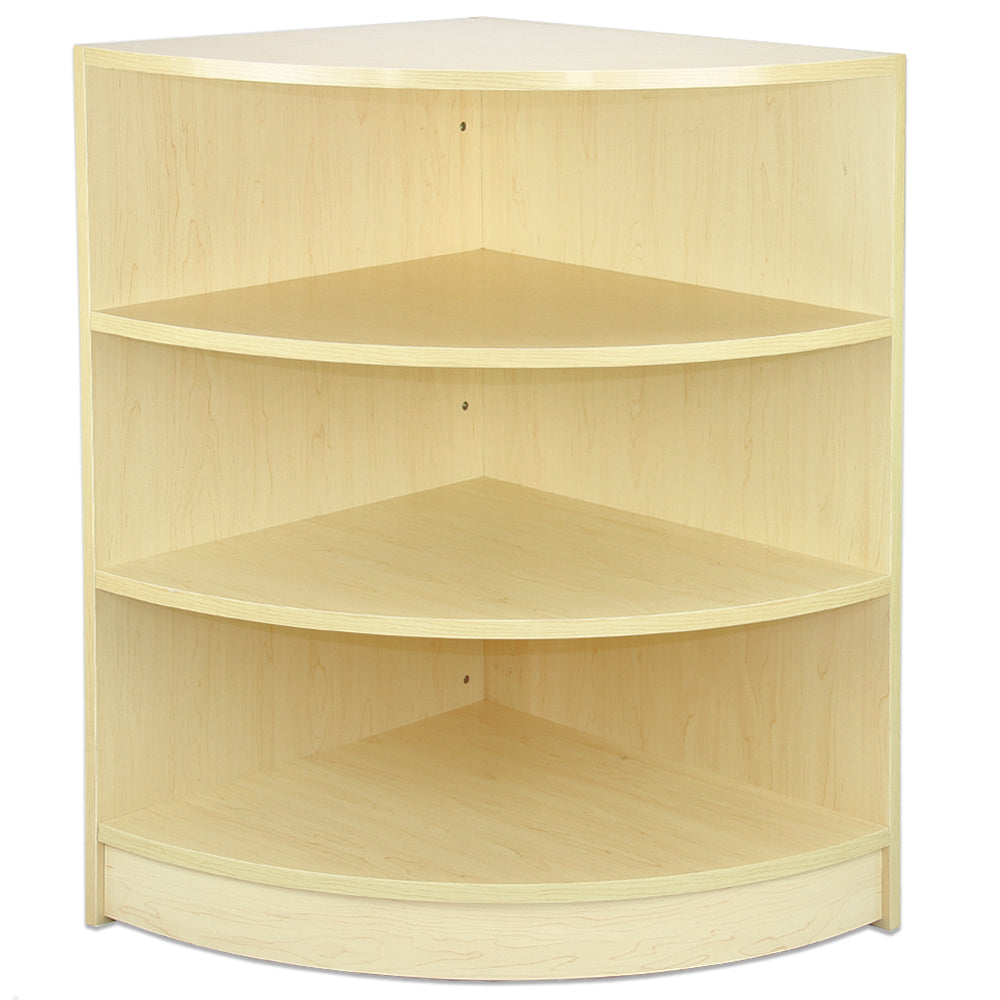 Set di tre banconi da negozio angolari in legno laminato color acero, con ripiani spaziosi e finitura liscia e moderna