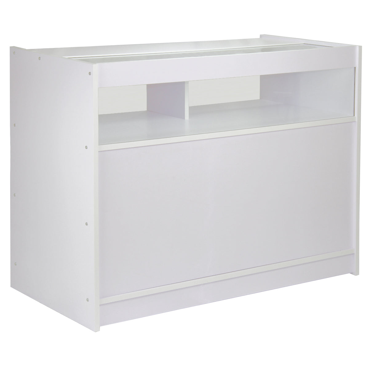 Set Galaxy con 3 banconi da negozio in bianco brillante, con finitura liscia, ripiani e vani per esposizione e stoccaggio