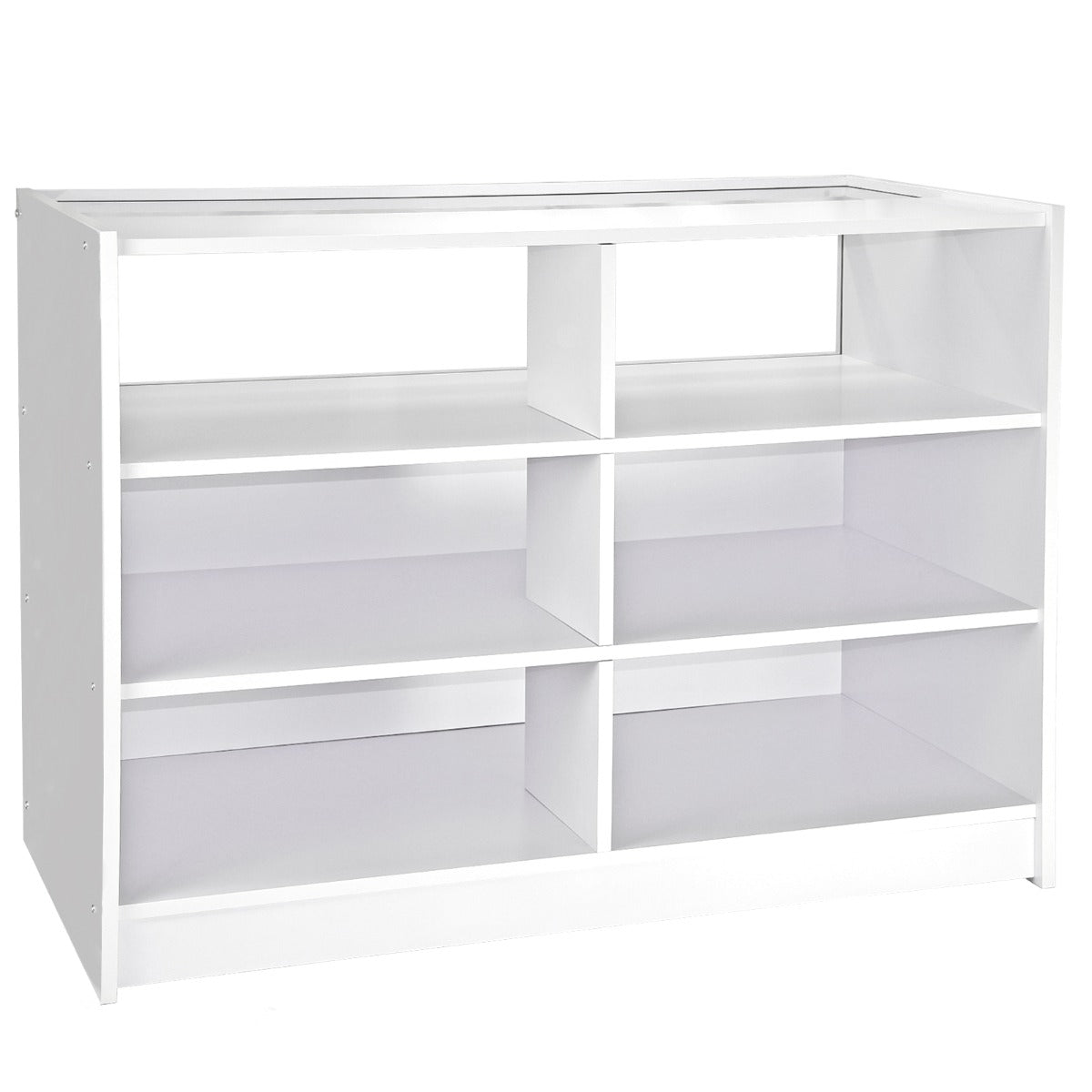 Set Galaxy con 3 banconi da negozio in bianco brillante, design moderno, superfici lisce e spazi ampi per esposizione prodotti