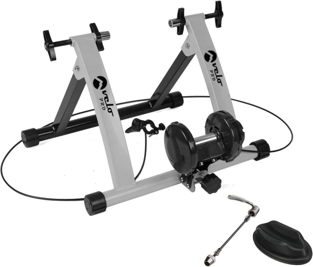 Velo Pro allenatore turbo magnetico argento con struttura robusta, rulli neri e dettagli in metallo, ideale per allenamenti indoor